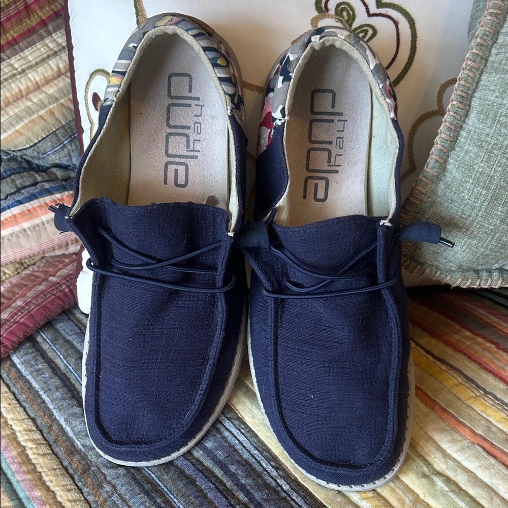 Hey Dude Navy Canvas Slip-On Moccasin with Patterned Lining